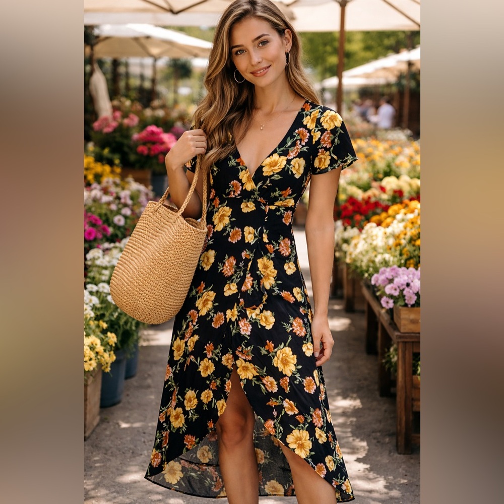 Forever 21 Floral Black and Yellow Women's Wrap Dress Small